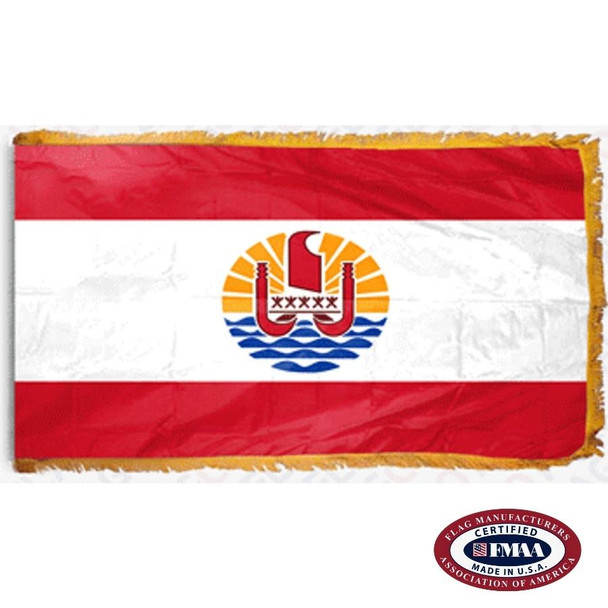 The indoor French Polynesia flag has 3 sides of gold fringe around 3 horizontal red and white stripes. In the center is the national seal. FMAA Certified Made in America seal.