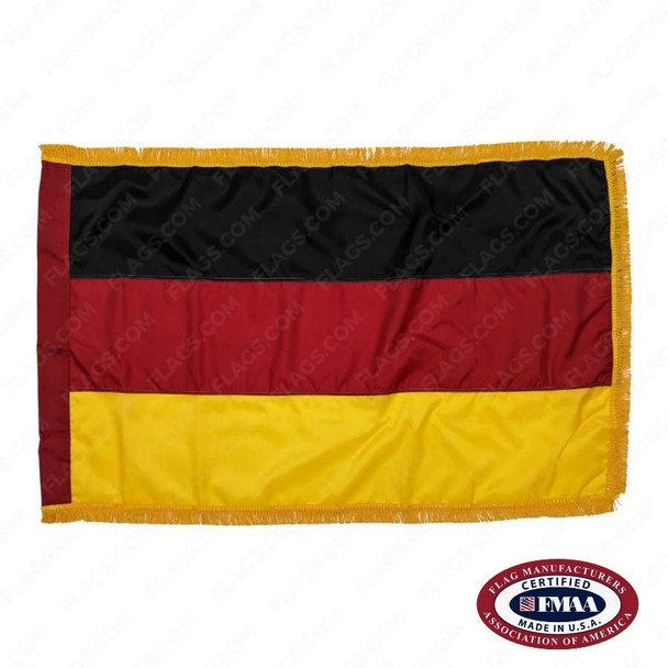 The indoor German flag has 3 sides of gold fringe around a horizontal black, red, and yellow tricolor. FMAA Certified Made in America seal.