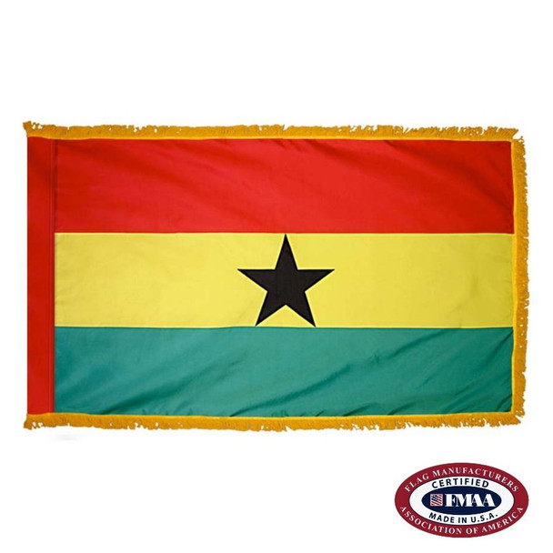The indoor Ghana flag has 3 sides of gold fringe around a horizontal red, yellow, and green tricolor. In the center is a black star. FMAA Certified Made in America seal.
