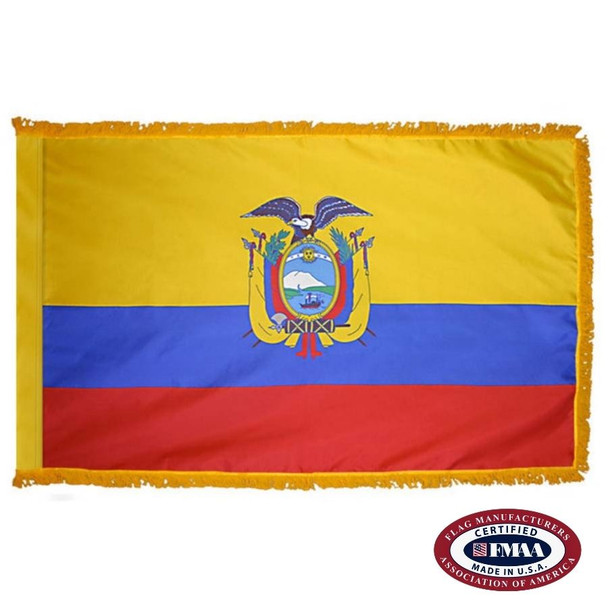 The indoor Ecuador flag has 3 sides of gold fringe around a yellow, blue, and red tricolor, with a wide yellow stripe. In the center is a seal. FMAA Certified Made in America seal.