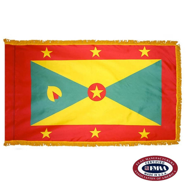 The indoor Grenada flag has 3 sides of gold fringe around a yellow and green triangular design with a thick red outline and yellow stars. FMAA Certified Made in America seal.