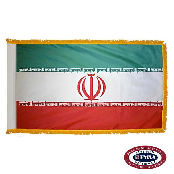 The indoor Iran flag has 3 sides of gold fringe around a green, white, and red tricolor with the national emblem in the center. FMAA Certified Made in America seal.