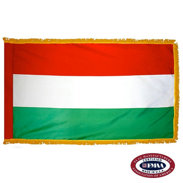 The indoor Hungary flag has 3 sides of gold fringe around a horizontal red, white, and green tricolor. FMAA Certified Made in America seal.