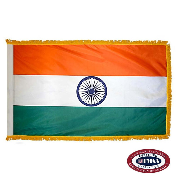 The indoor India flag has 3 sides of gold fringe around a horizontal orange, white, and green tricolor. In the center is the Ashoka Chakra. FMAA Certified Made in America seal.