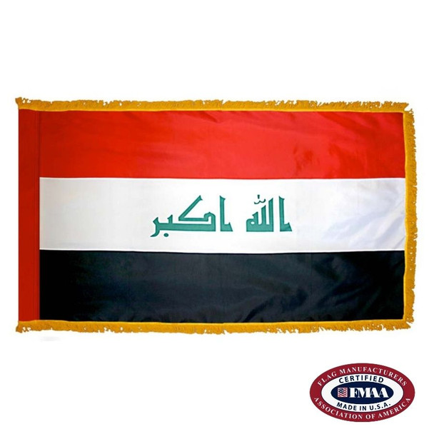 The indoor Iraq flag has 3 sides of gold fringe around a horizontal red, white, and black tricolor. The Takbir is written in green in the center. FMAA Certified Made in America seal.