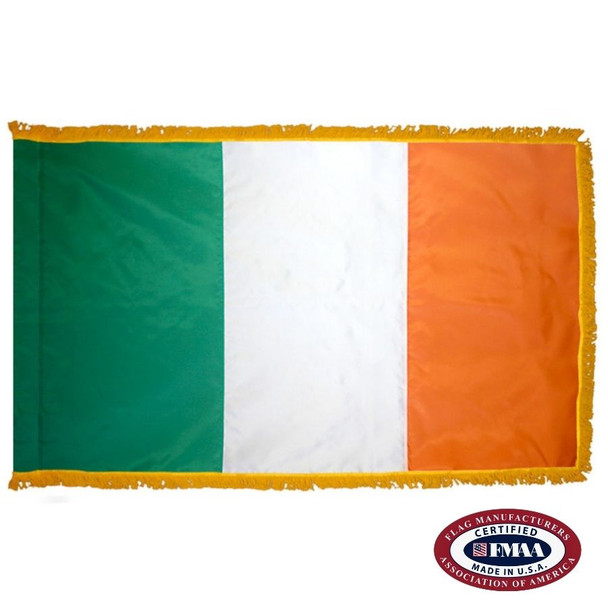 The indoor Irish flag has 3 sides of gold fringe around a vertical green, white, and orange tricolor. FMAA Certified Made in America seal.