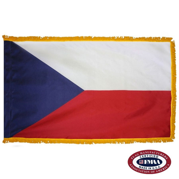 The indoor Czechia flag has 3 sides of gold fringe around 2 horizontal red & white stripes. On the left is a blue triangle pointing to the right. FMAA Certified Made in America seal.