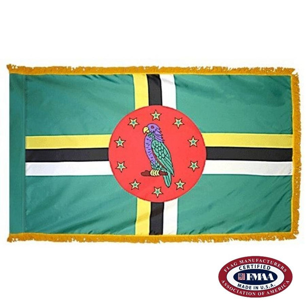 The indoor Dominica flag has 3 sides of gold fringe around a green field with a red circle in the center depicting a purple parrot. FMAA Certified Made in America seal.