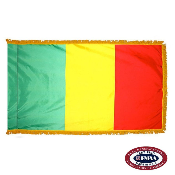 The indoor Mali flag has 3 sides of gold fringe around a vertical green, yellow, and red tricolor. FMAA Certified Made in America seal.