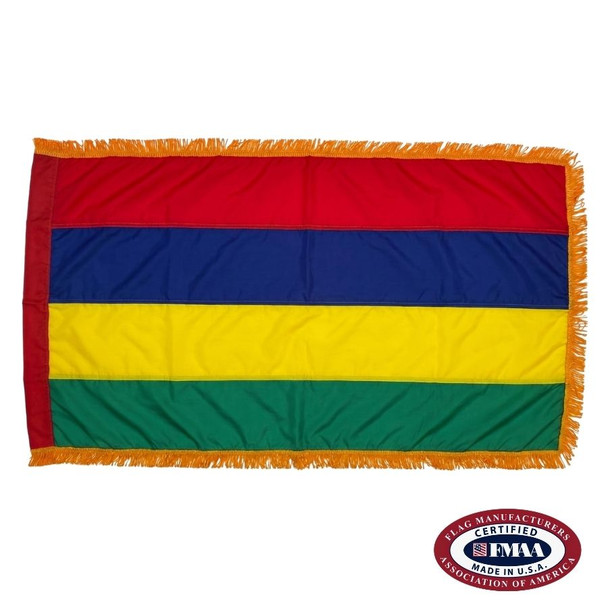 The indoor Mauritius flag has 3 sides of gold fringe around 4 horizontal red, blue, yellow, and green stripes. FMAA Certified Made in America seal.