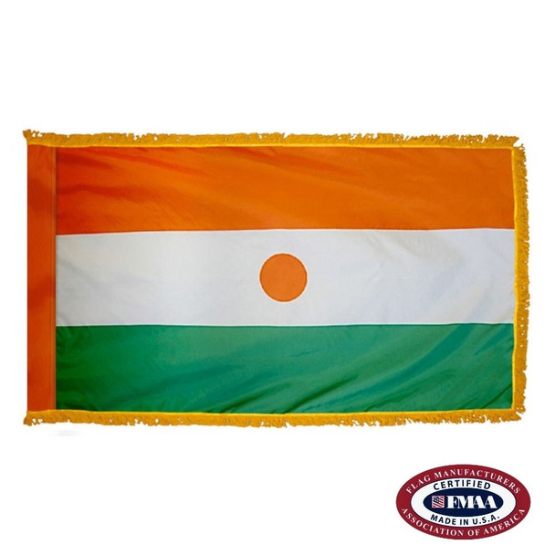 The indoor Niger flag has 3 sides of gold fringe around a horizontal orange, white, and green tricolor. In the center is an orange circle. FMAA Certified Made in America seal.