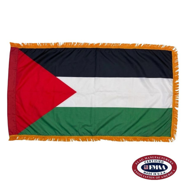 The indoor Palestine flag has 3 sides of gold fringe around a horizontal black, white, and green tricolor. On the left is a red triangle. FMAA Certified Made in America seal.
