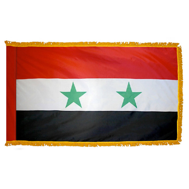 The indoor Syria flag has 3 sides of gold fringe around a horizontal red, white, and black tricolor. In the center is a green star.