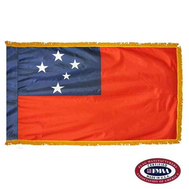 The indoor Samoa flag has 3 sides of gold fringe around the red field. In the dark blue canton are 5 white stars. FMAA Certified Made in America seal.