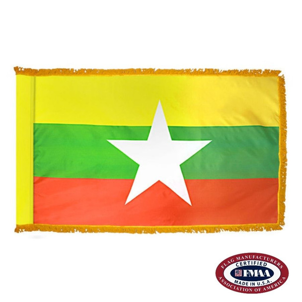 The indoor Myanmar flag has 3 sides of gold fringe around a horizontal yellow, green, and red tricolor with a white star in the center. FMAA Certified Made in America seal.