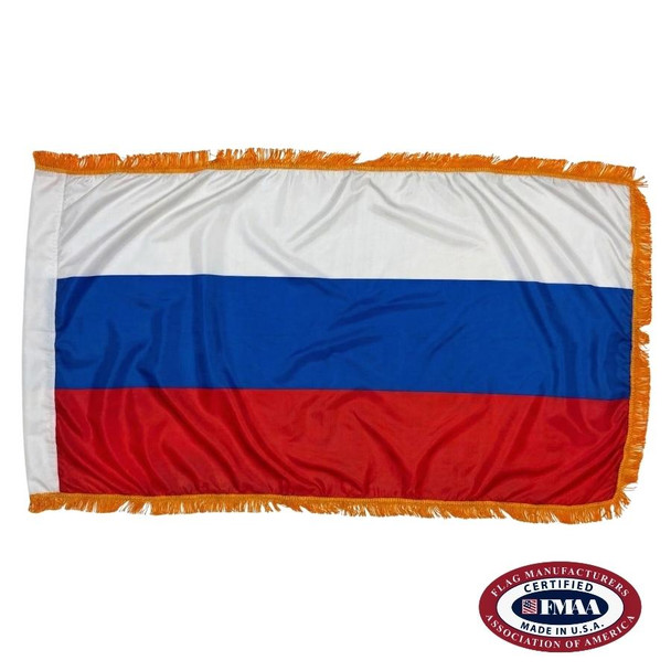 The indoor Russia flag is a horizontal white, blue, and red tricolor. FMAA Certified Made in America seal.