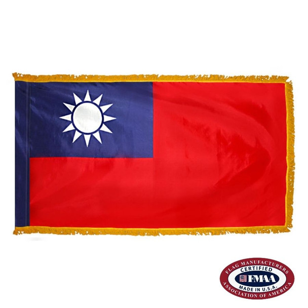 The indoor Taiwan flag has 3 sides of gold fringe around a red field with a dark blue canton depicting a white sun. FMAA Certified Made in America seal.