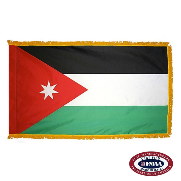 The indoor Jordan flag has 3 sides of gold fringe around a black, white, and green tricolor. On the left is a red triangle and a white star. FMAA Certified Made in America seal.