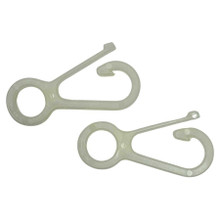 Two white nylon flag clips composed of a snap connected to an O-ring.