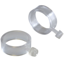 Two clear plastic flag pole rings are shown side by side with their screws extended.