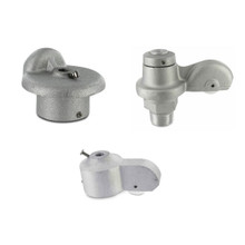 Three different stationary and rotating flagpole trucks are shown. Each is made of cast aluminum and features a small attached pulley. 