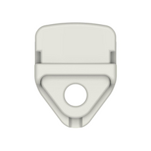 The front of a white plastic grommet clip with both pieces locked together and the grommet hole pointing downwards.