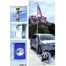 Multiple photos are included. On the right is the primary photo, with the 19’ telescoping flagpole inserted in the included wheel stand, which is safely parked under a car’s tire. An American flag hangs off the flagpole. In the top left of this image is a small photo with an arrow pointing to the top of the flagpole, showing a zoomed-in detail photo of the golden aluminum ball capping the flagpole. In the bottom left corner is a detail photo with the flag with a banner, showing off the included 3’ banner arm.