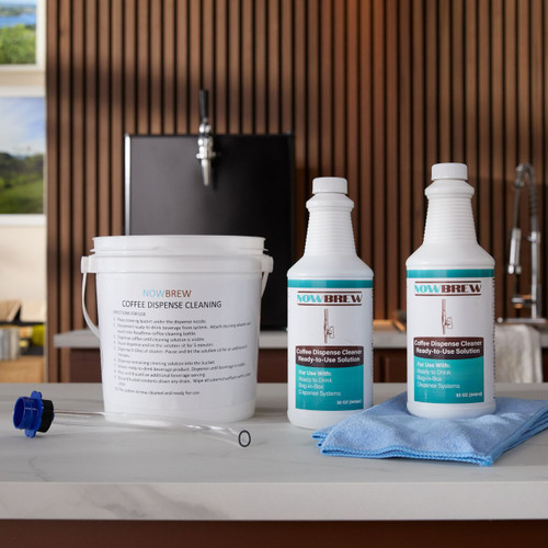 NowBrew Coffee Dispense Cleaning Kit featuring cleaning solution, bucket, Scholle Adapter, and Microfiber Towel
