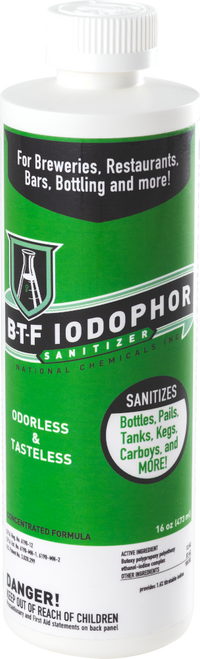 BTF Iodophor is a low foaming, no-rinse sanitizer for brewing, wine making, glassware and more. Effective at only 1/10 oz per gallon of water and 2 minutes of contact time.