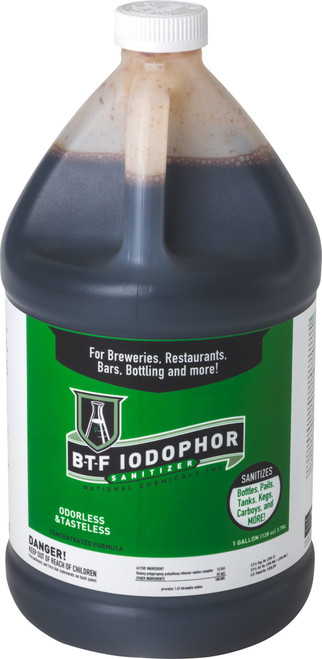 BTF Iodophor is a low foaming, no-rinse sanitizer for brewing, wine making, glassware and more. Effective at only 1/10 oz per gallon of water and 2 minutes of contact time.