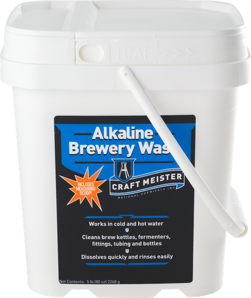 Craft Meister Alkaline Brewery Wash breaks down soils on brew kettles, kegs, fermentors, bottles, etc. but will not harm your skin or equipment. Powder dissolves quickly in hot or cold water and rinses clean. Removes bottle labels in minutes!