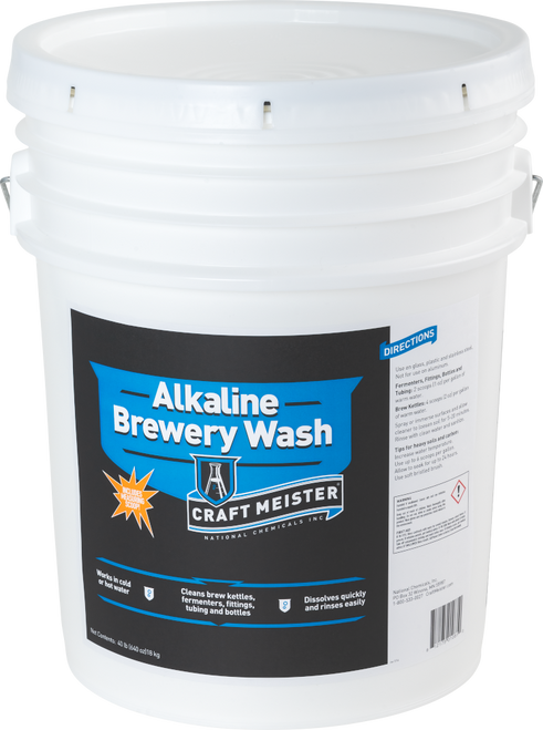 Craft Meister Alkaline Brewery Wash breaks down soils on brew kettles, kegs, fermentors, bottles, etc. but will not harm your skin or equipment. Powder dissolves quickly in hot or cold water and rinses clean. Removes bottle labels in minutes!