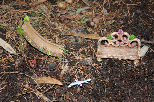 Garden slide bench and dragonflies