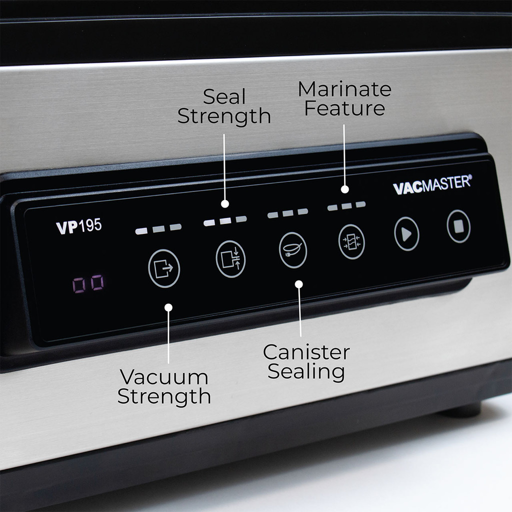 VacMaster VP195 control panel close-up showing sealing, vacuum, and external suction functions