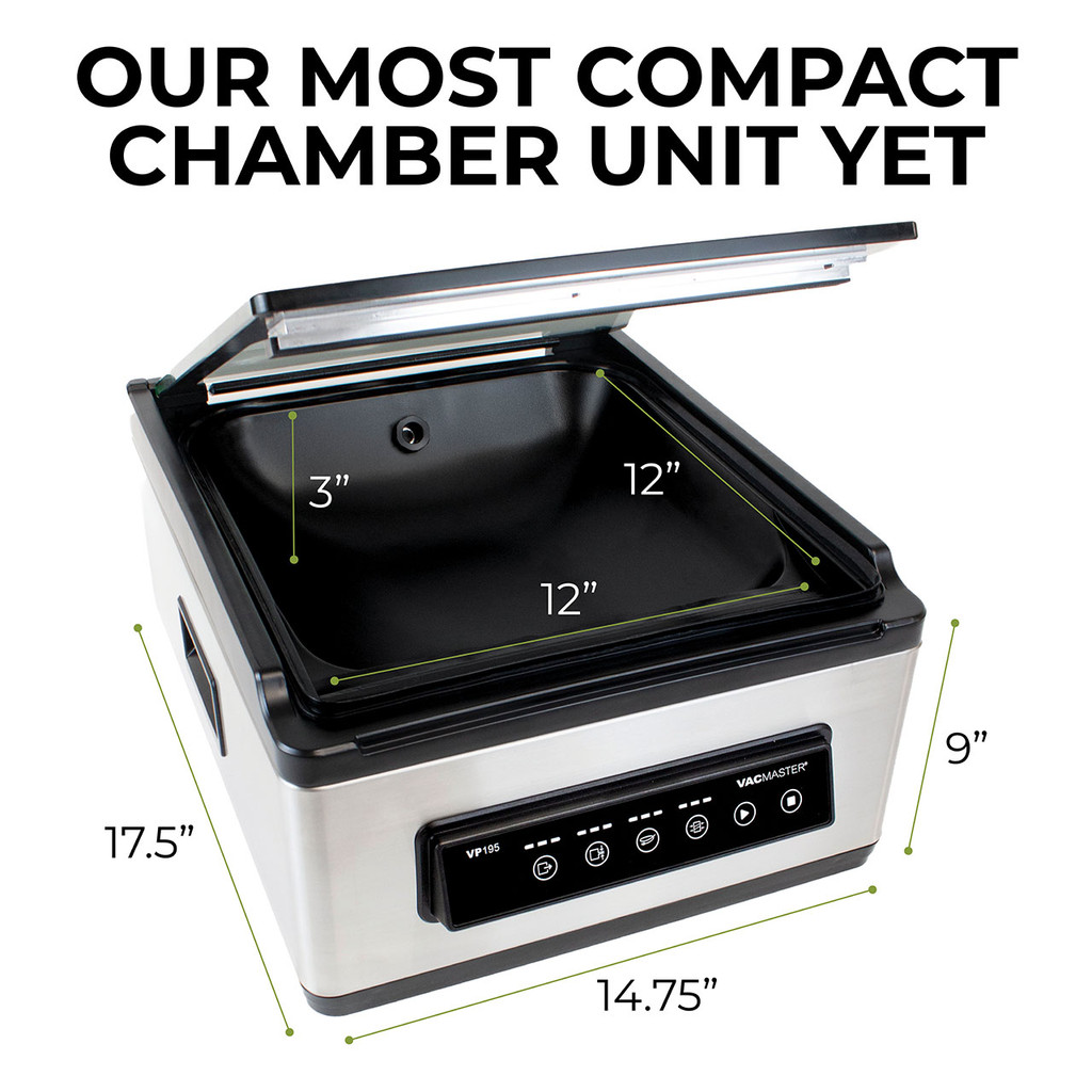 VacMaster VP195 chamber sealer dimensions shown, highlighting compact countertop design