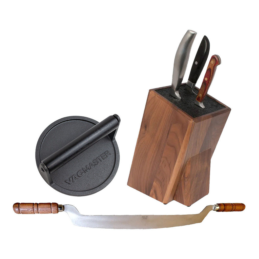 The VacMaster Best Sellers Kitchen Accessory Bundle features a walnut slotless knife block, a heavy-duty cast iron VacSmash burger press, and a 16-inch offset pizza rocker with rosewood handles. Designed for everyday prep and entertaining, this curated set combines durable materials, flexible knife storage, and professional-grade tools for organizing cutlery, smashing burgers, and slicing thick-crust pizzas with precision and style.