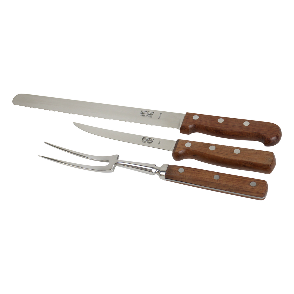 ARY wood handle carving set with boning knife, slicer knife, and carving fork on white background