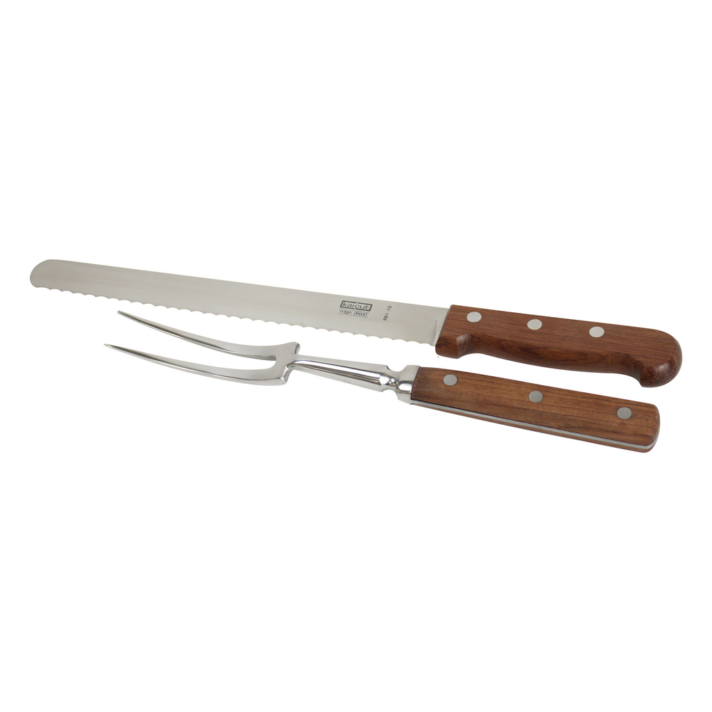 ARY wood handle carving set with slicer knife and carving fork on white background