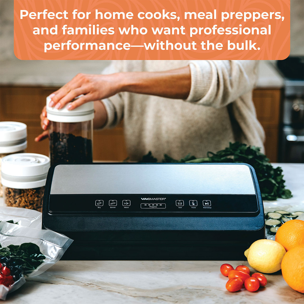 VacMaster Sidekick Compact Vacuum Sealer displayed with vacuum sealed fruits, vegetables, prepared meals, and food storage canisters. This compact vacuum sealing machine is designed for home cooks, meal preppers, and families to preserve food longer, reduce waste, and improve kitchen efficiency with professional vacuum sealing performance in a compact design.