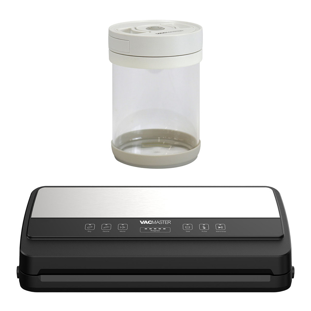 VacMaster SideKick vacuum sealer with medium 27.05 oz vacuum sealed canister bundle featuring dual piston pump, built-in roll storage, bag cutter, and airtight food preservation system.