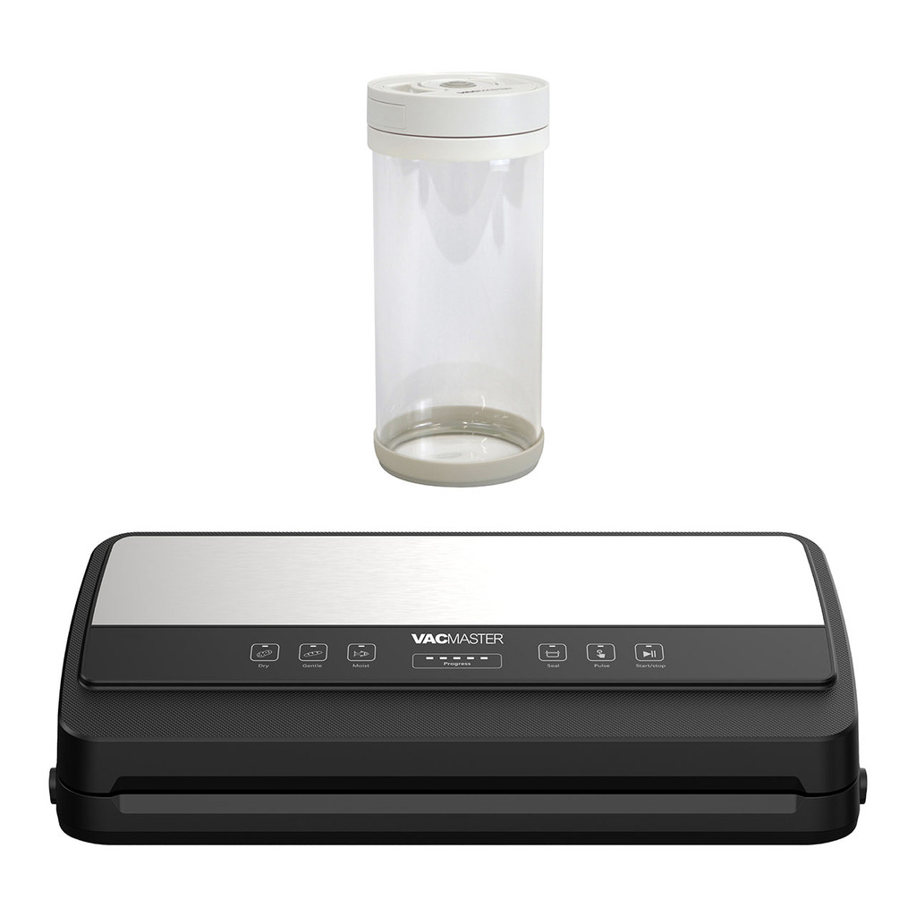 VacMaster SideKick vacuum sealer with large 44 oz vacuum sealed canister bundle featuring dual piston pump, built-in roll storage, bag cutter, and airtight bulk food storage.