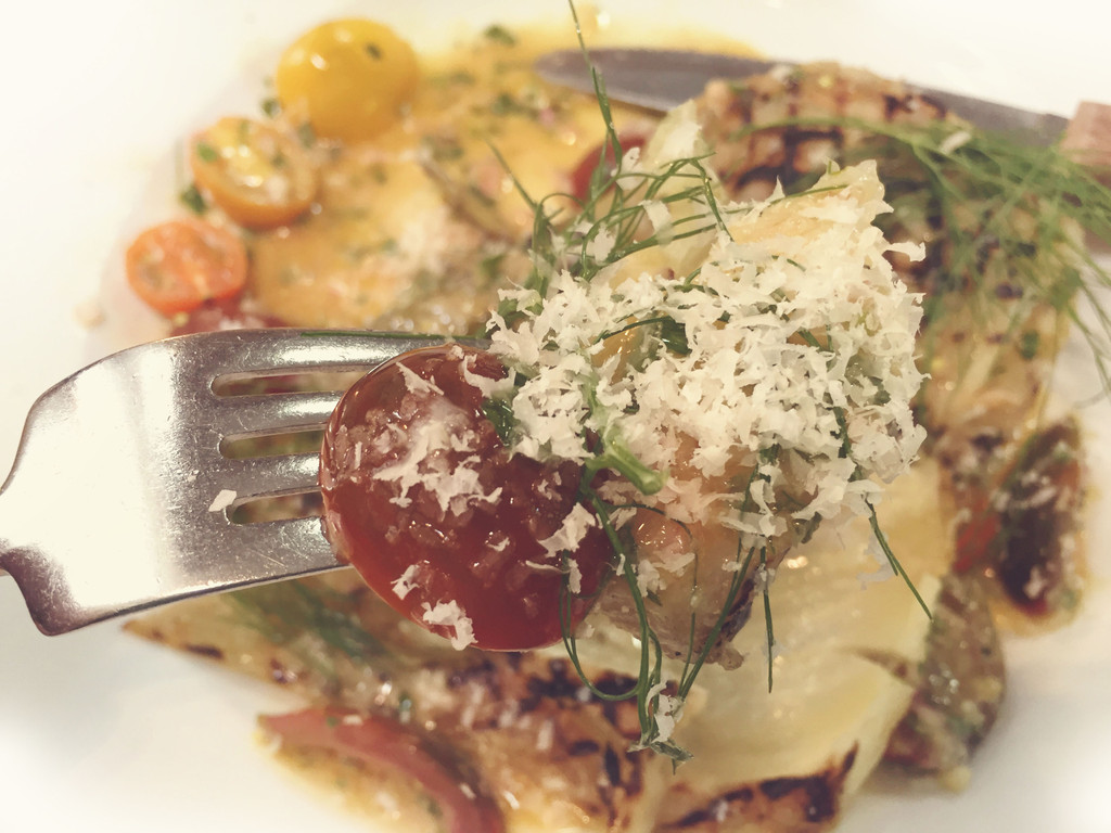 Grilled Fennel with Cherry Tomato and Chive Vinaigrette, and Parmesan  
