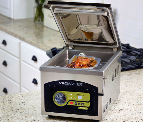 VacMaster VP215 Chamber Vacuum Sealer with Bagged Food in chamber