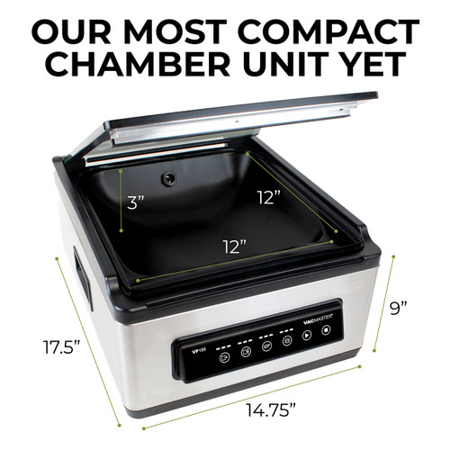 VacMaster VP195 chamber sealer dimensions shown, highlighting compact countertop design