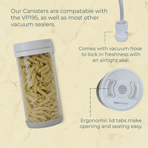 VacMaster vacuum canister connected to a compatible vacuum sealer, demonstrating easy attachment and airtight sealing performance for meal prep and storage.