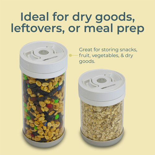 VacMaster canister filled with pantry staples to emphasize its versatility, clear design, and ability to monitor freshness at a glance.