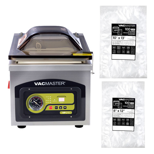 The VacMaster VP215 Pro-Grade Prep Bundle features a commercial chamber vacuum sealer with a heavy-duty 1/5 HP rotary oil pump and double seal wire, paired with 8" x 12" and 10" x 13" Temp Plus 3-mil chamber pouches. Built for continuous use and liquid-rich foods, this high-performance system supports bulk proteins, sauces, sous vide, and cook-and-chill applications, delivering precise, airtight seals and extended shelf life for serious home kitchens and small food operations.
