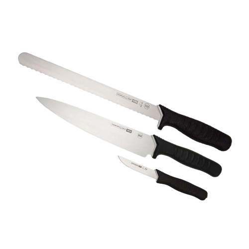 The ARY Soft Grip Cutlery Knife Bundle includes an 8-inch chef knife, a 10-inch wavy edge slicer, and a 4-inch paring knife designed for precision, comfort, and everyday prep. Featuring high carbon stainless steel blades and ergonomic soft grip handles, this NSF-certified knife set delivers reliable edge retention, improved control, and reduced wrist strain for slicing proteins, dicing vegetables, and detailed kitchen tasks in home and professional kitchens.