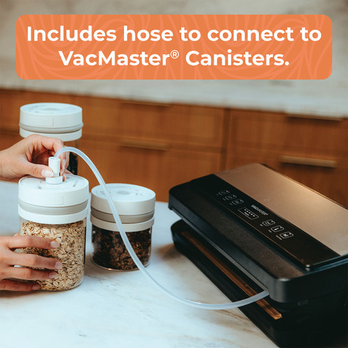 VacMaster Sidekick Compact Vacuum Sealer in use with the included vacuum hose to remove air from a VacMaster vacuum canister. This external sealing capability allows users to preserve food in canisters and compatible mason jars, extending freshness and improving food storage. The compact vacuum sealing machine delivers professional vacuum pressure for versatile food preservation.