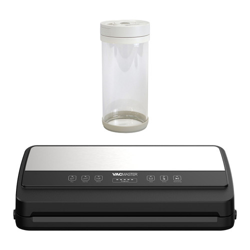 VacMaster SideKick vacuum sealer with large 44 oz vacuum sealed canister bundle featuring dual piston pump, built-in roll storage, bag cutter, and airtight bulk food storage.